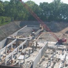 Construction of new longitudinal type secondary clarifiers and new travelling Aerial Overview