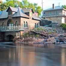 Water view of Bracebridge Falls Generating Station