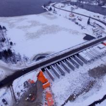 Aerial overview of Timiskaming Ontario Dam during winter