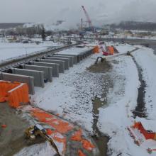 Aerial overview of Timiskaming Ontario Dam during winter